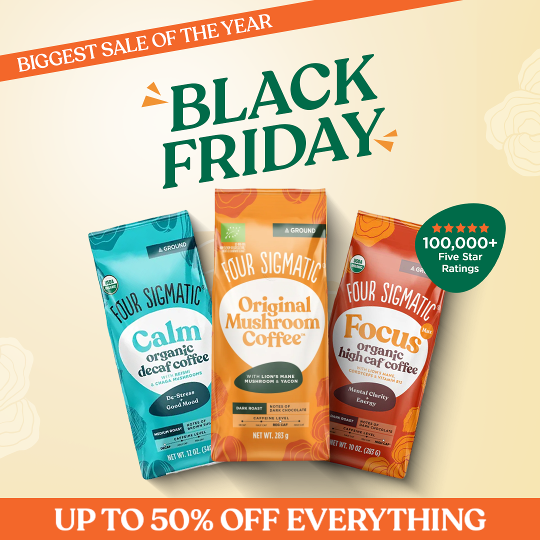 Four Sigmatic Black Friday ad: cream background variant with green Black Friday lettering and three coffee bags, same 50% off offer as the dark version