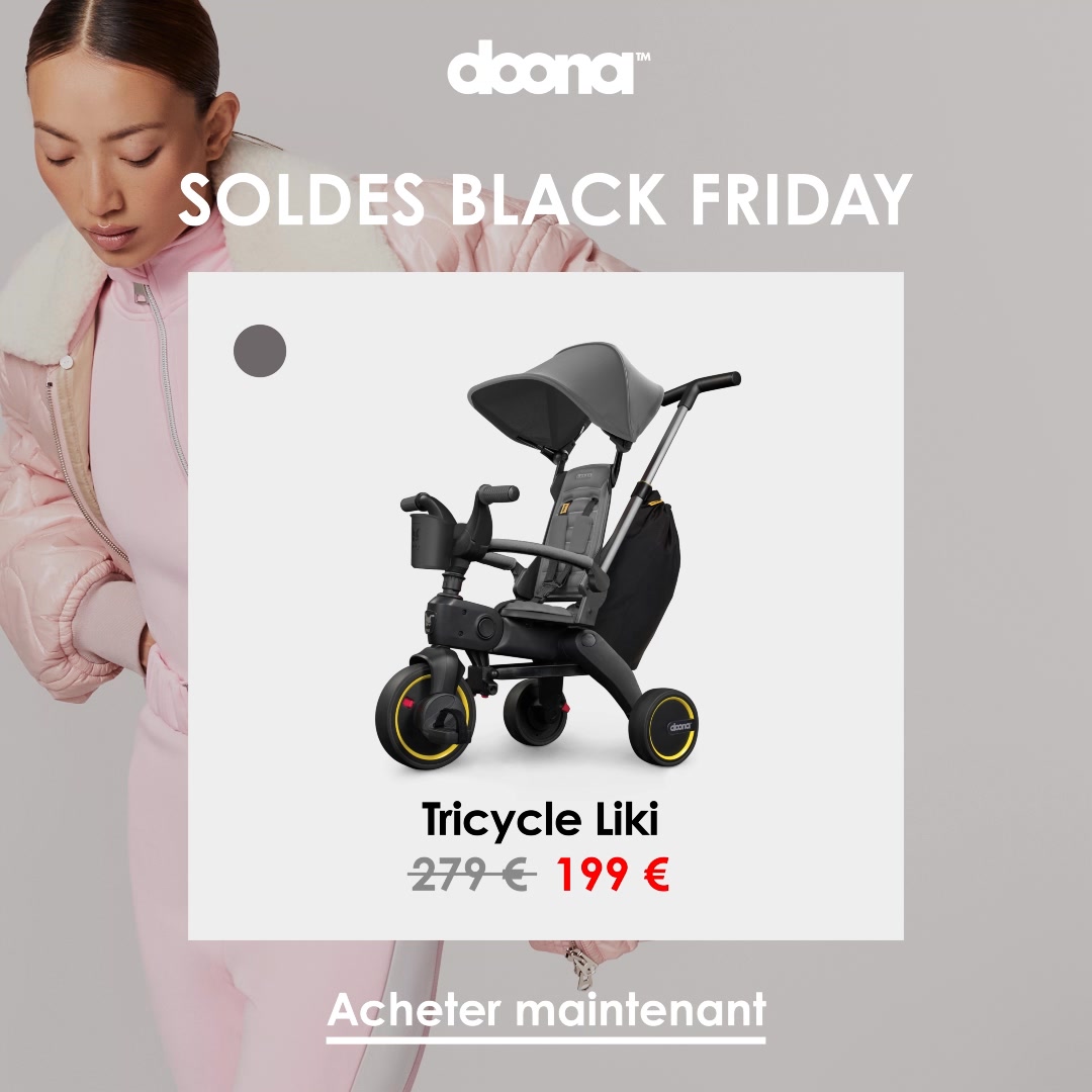 Doona French-market Black Friday ad still: Soldes Black Friday headline over a folding tricycle with 279 euros struck through and 199 euros in red