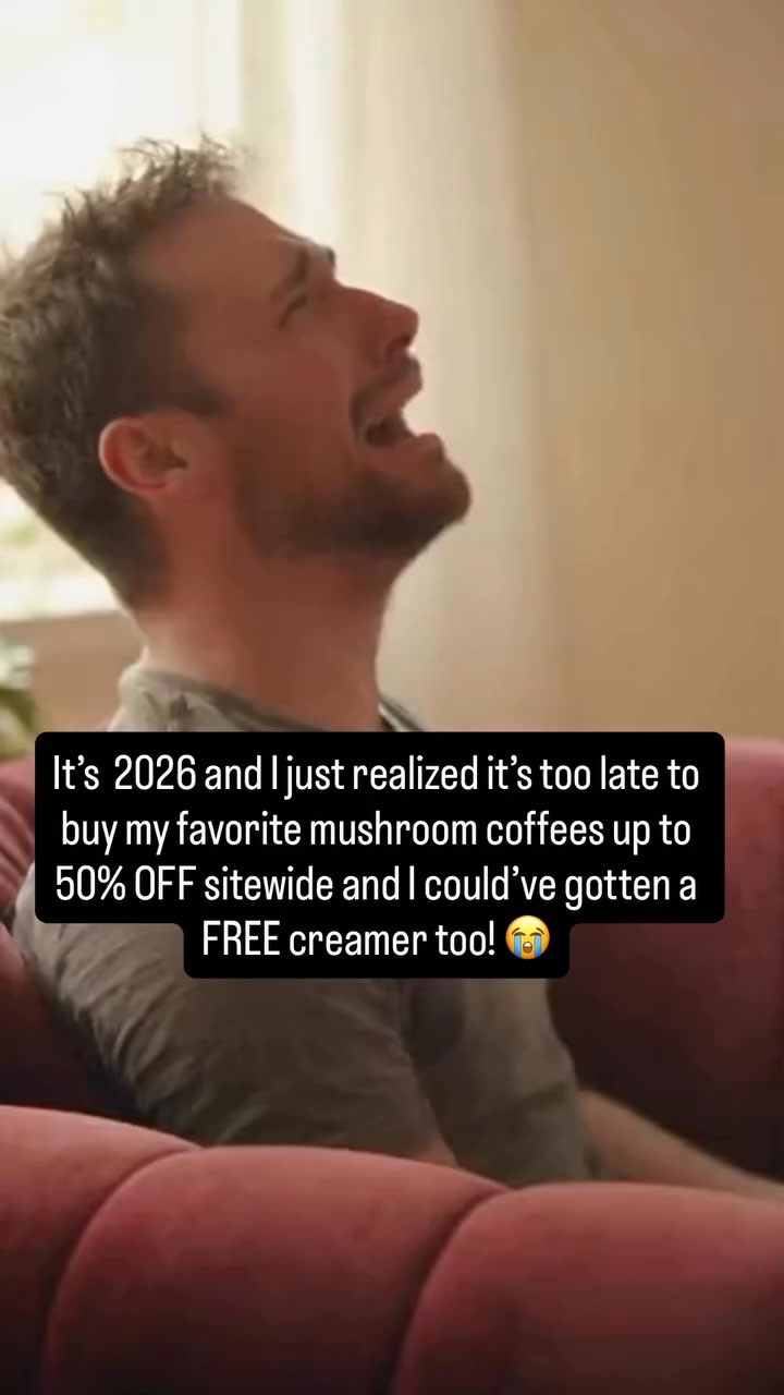 Four Sigmatic UGC-style video ad still: a man crying on a couch with a caption about realizing it is too late to buy the 50% off Black Friday deal
