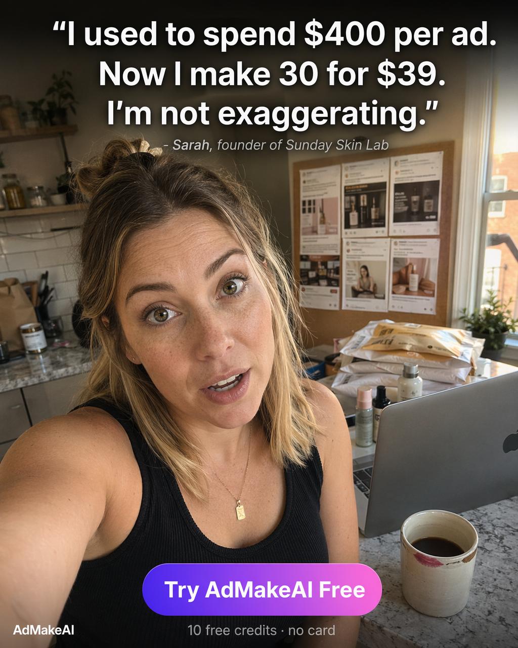 Generated ad variant, founder story angle: a founder selfie with a quote about cutting ad production costs