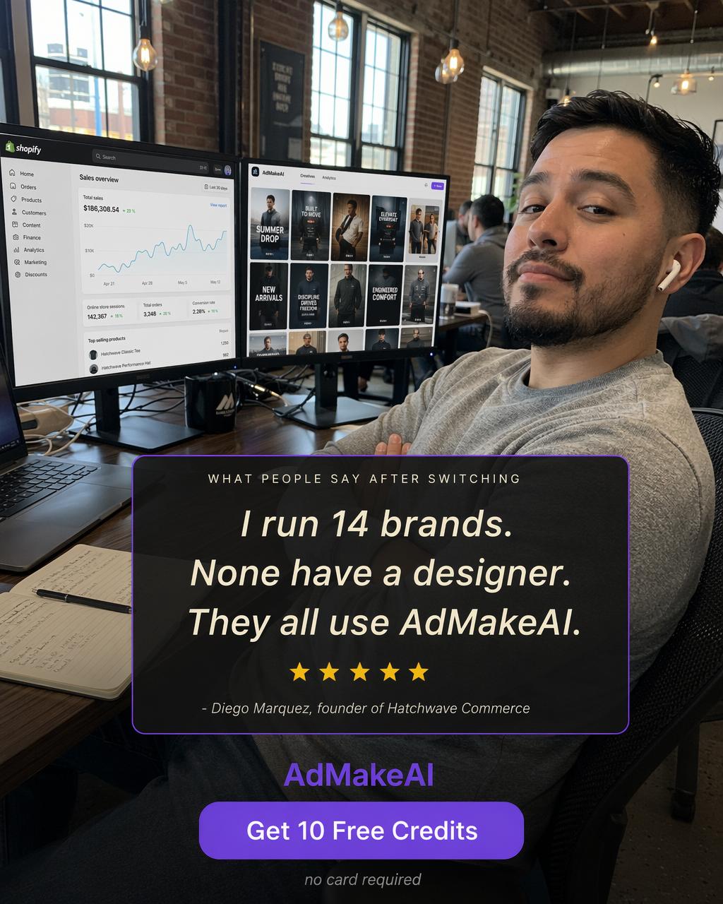 Generated ad variant, testimonial angle: a founder at his desk behind a quoted five star review card
