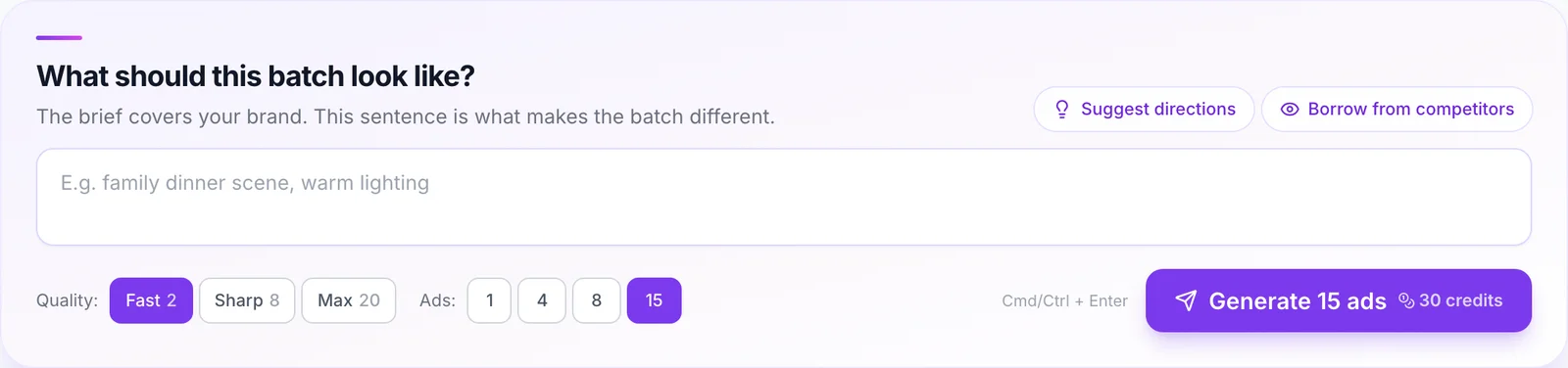 AdMakeAI batch panel with Fast quality at 2 credits, 15 ads selected and a Generate 15 ads, 30 credits button