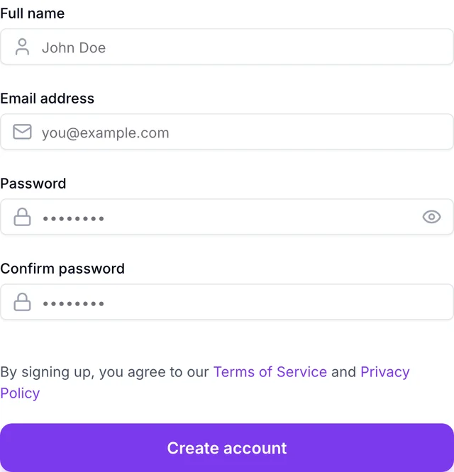 AdMakeAI signup form: full name, email, password, confirm password and a Create account button