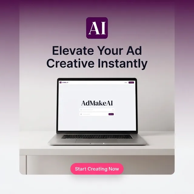 Ad with a laptop on a desk and the headline Elevate Your Ad Creative Instantly