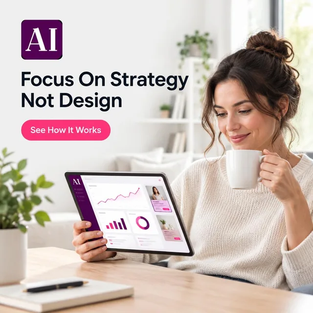Ad with a woman holding a tablet and the headline Focus On Strategy Not Design