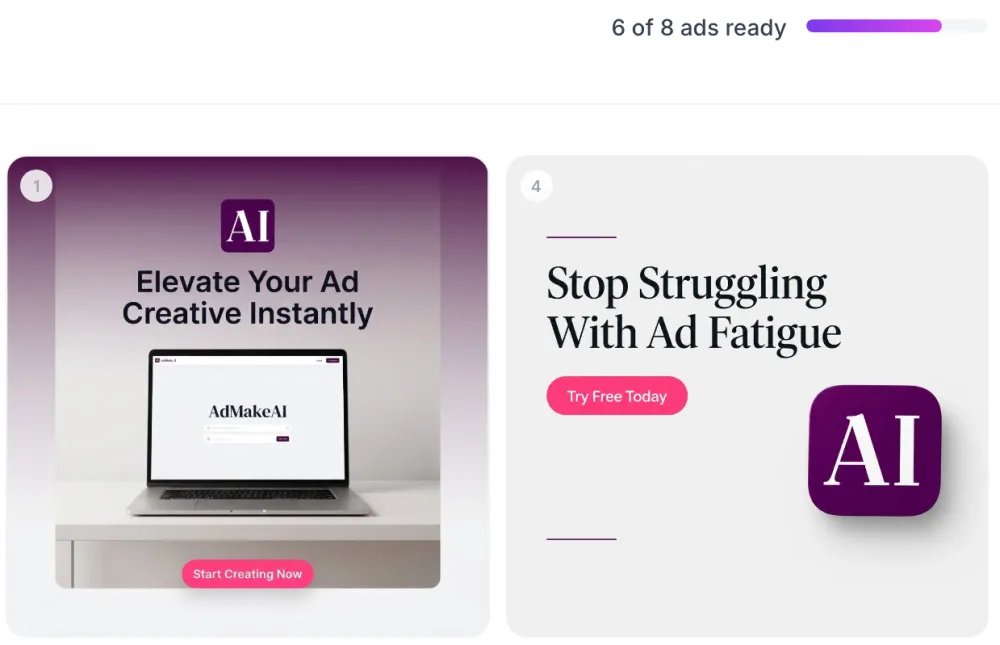 The studio mid-run: 6 of 8 ads ready, the first two finished ads on screen