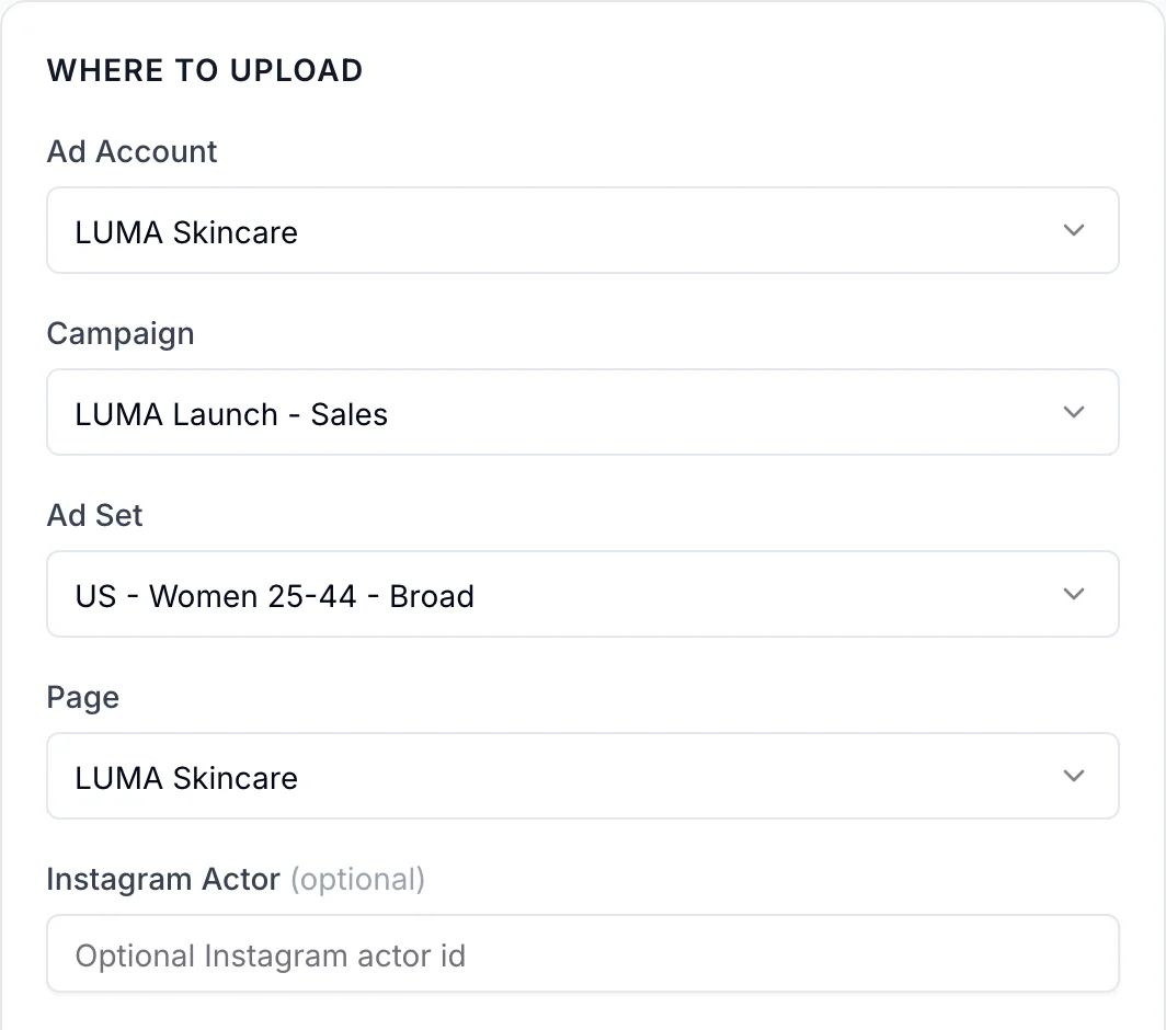 AdMakeAI upload form: ad account, campaign, ad set and Page pickers