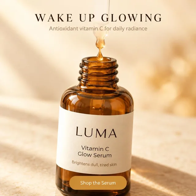 LUMA serum ad: Wake up glowing, the bottle on draped linen with a dropper of serum