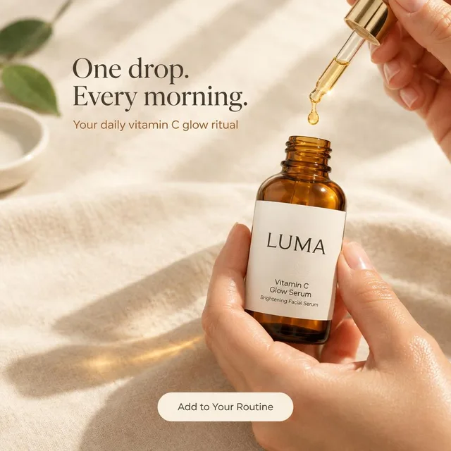 LUMA serum ad: One drop. Every morning., a hand holding the bottle