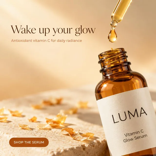 LUMA serum ad: Wake up your glow, the bottle tilted on stone with orange peel
