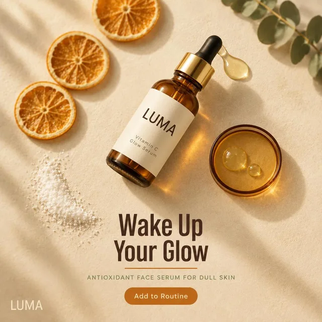 LUMA serum ad: Wake up your glow, flat lay with dried orange slices