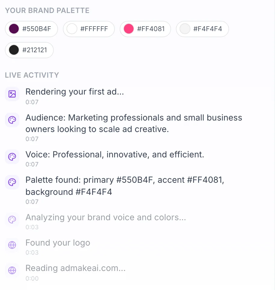 AdMakeAI studio reading a website: logo found, palette, brand voice and audience listed within 7 seconds