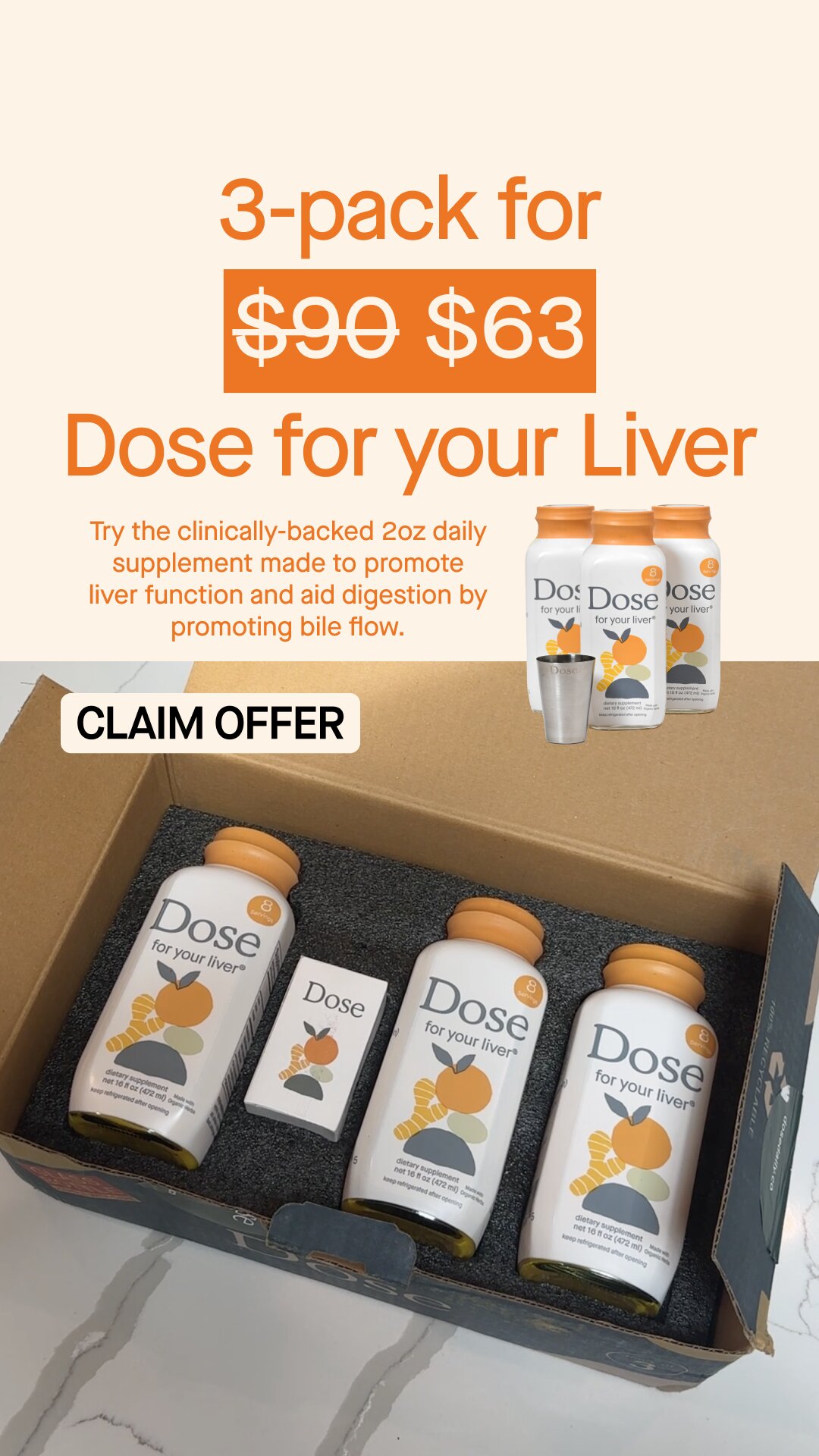 Dose liver supplement offer: 3-pack for $90 $63, 9:16 version