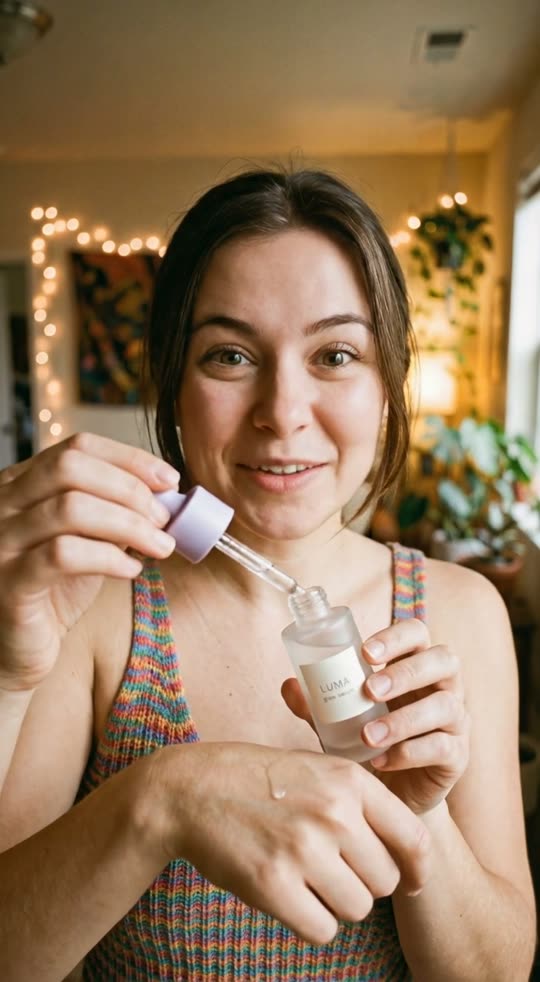 AdMakeAI Sharp draft: a woman holding a serum bottle and its dropper