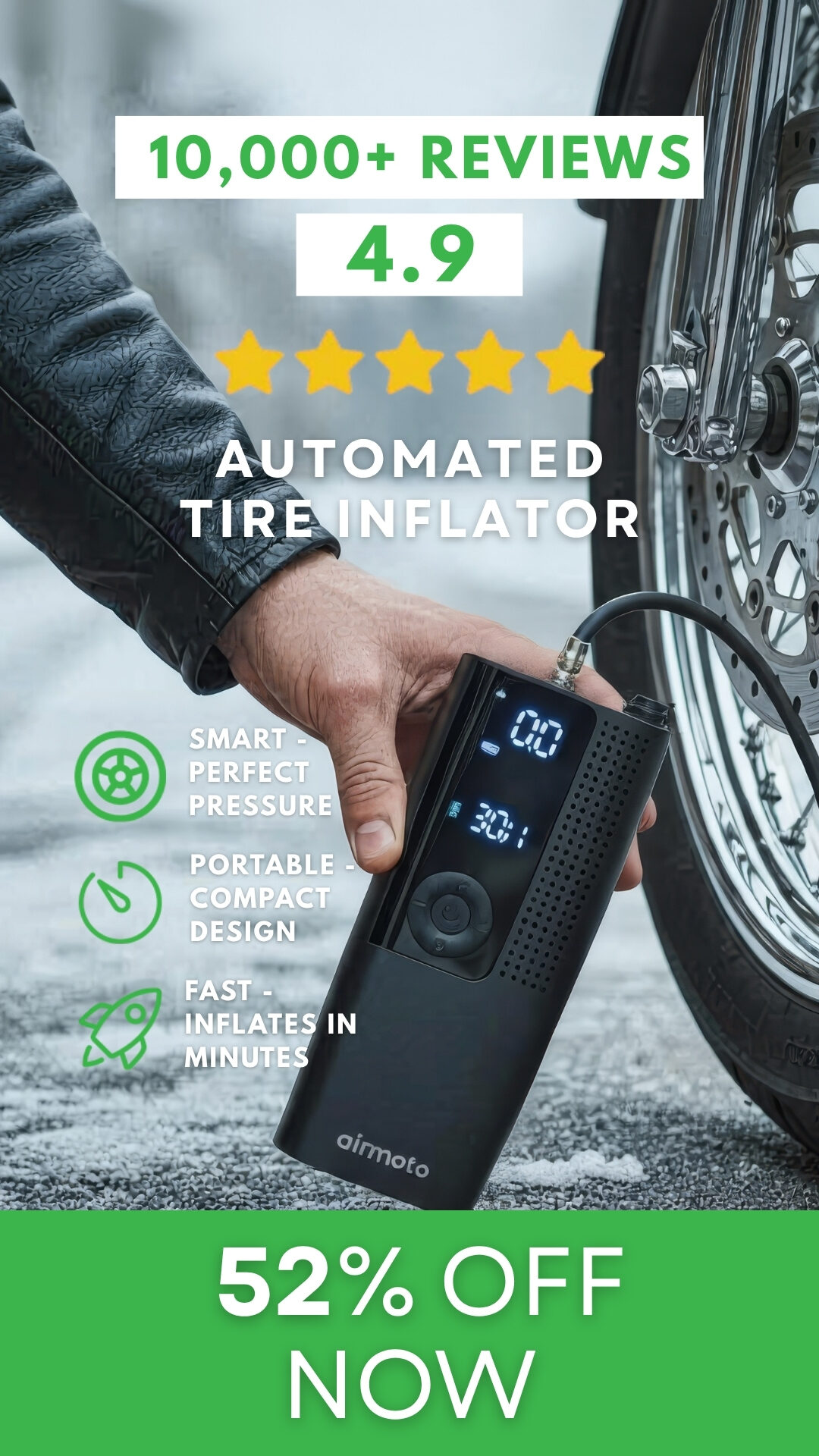 Hand holding a portable tire inflator at a car wheel, with a review count and stars above and a green 52% off banner below