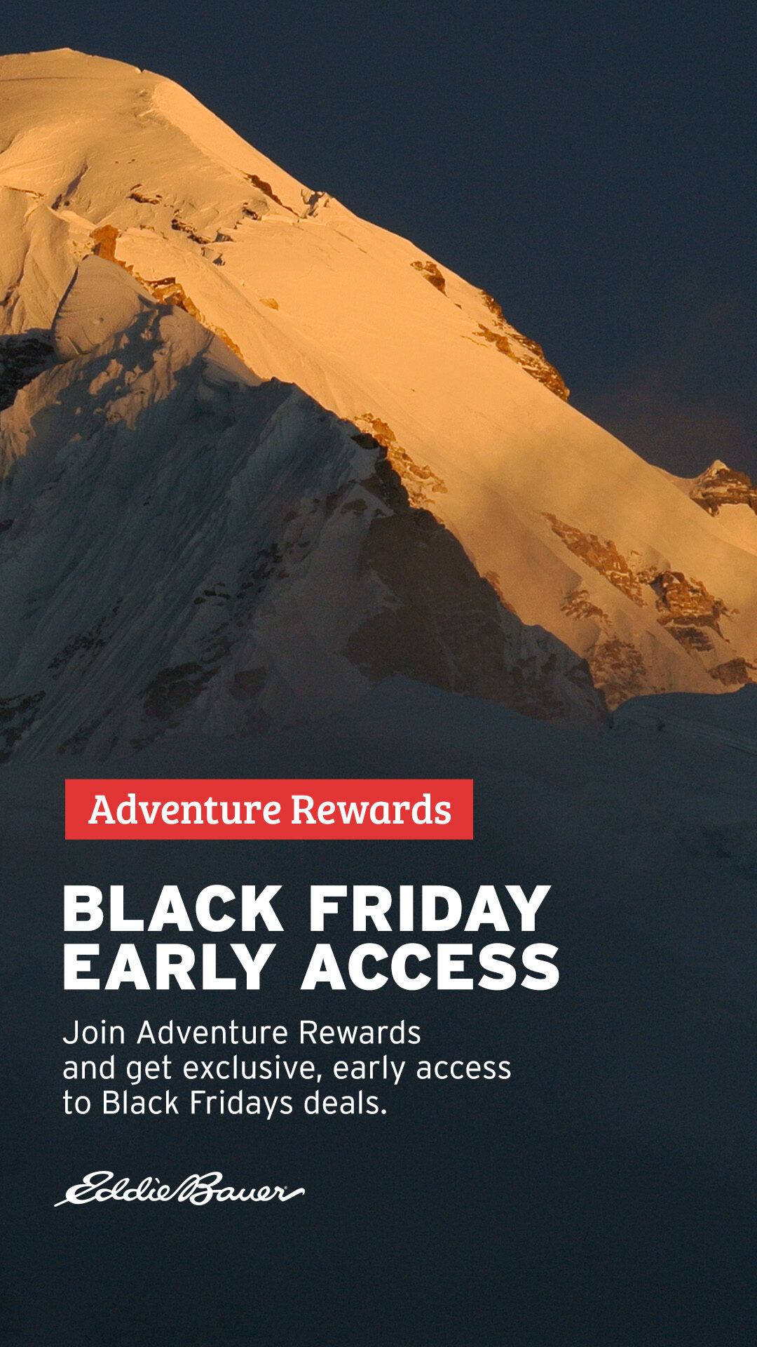 Sunlit snowy mountain peak above an Adventure Rewards tag and a Black Friday early access headline