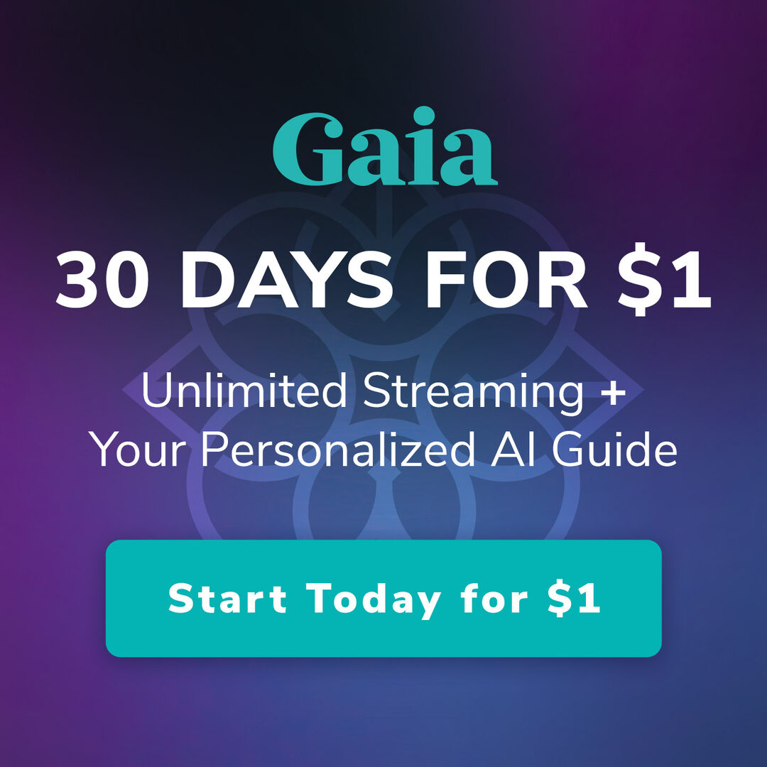 Purple Gaia streaming ad with a 30 days for $1 headline and a teal start button