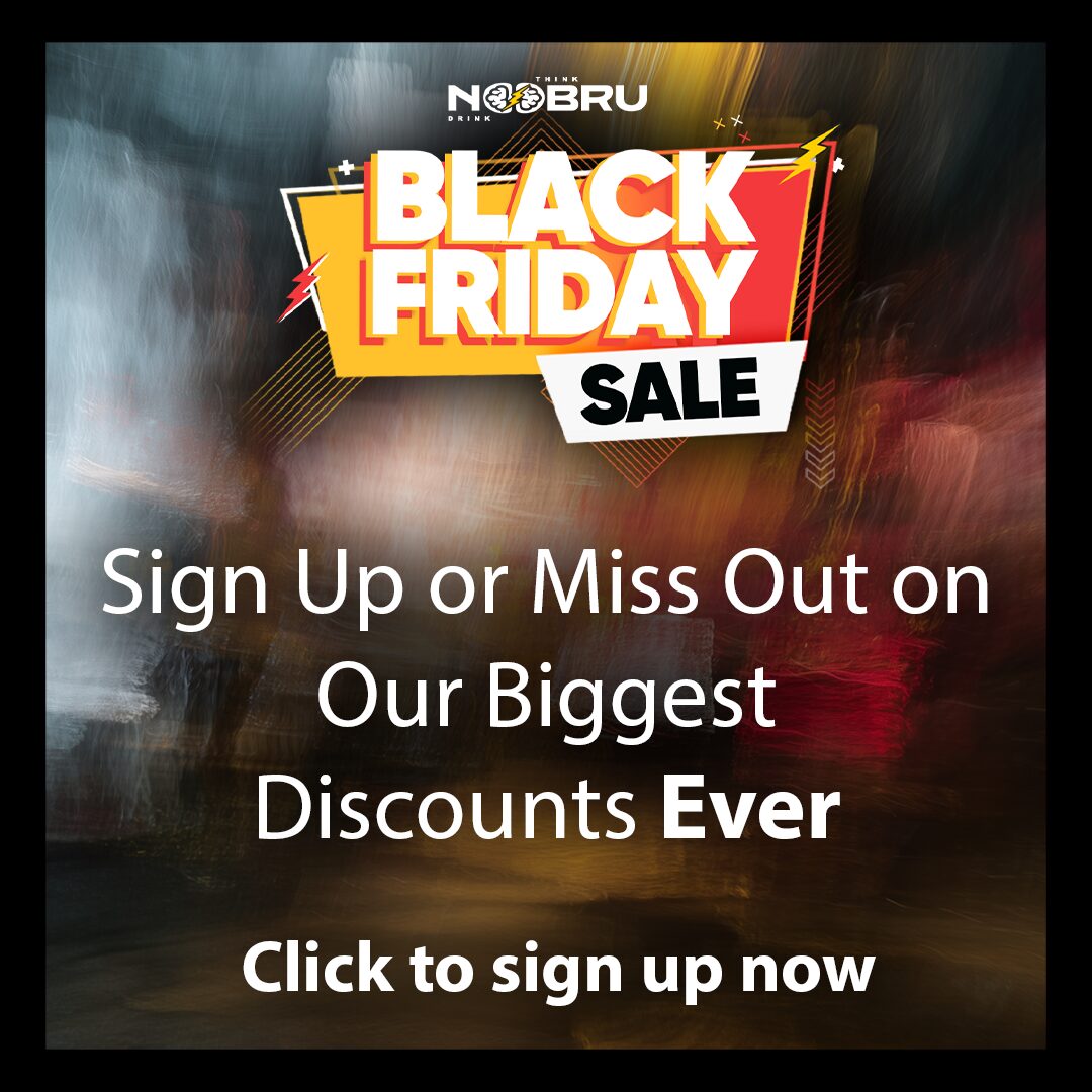 Noobru Black Friday sale graphic on a dark blurred background with a sign-up headline