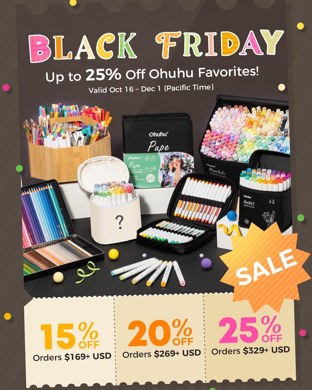 Flat lay of Ohuhu markers and pencils with three coupons along the bottom for 15%, 20% and 25% off by order size