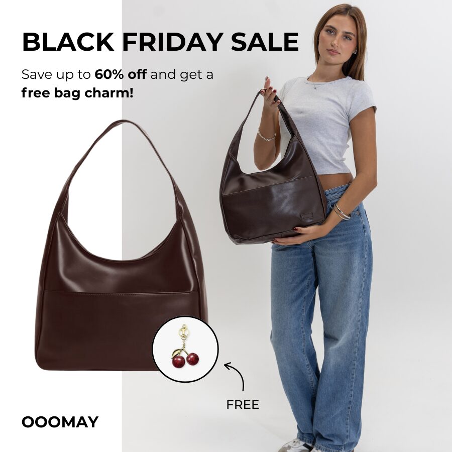 Brown leather shoulder bag beside a model carrying it, with an arrow pointing to a small cherry bag charm marked free