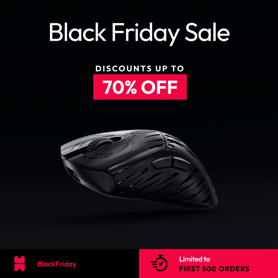 Black gaming mouse on a dark background under a Black Friday sale headline, with a red bar limiting it to the first 500 orders