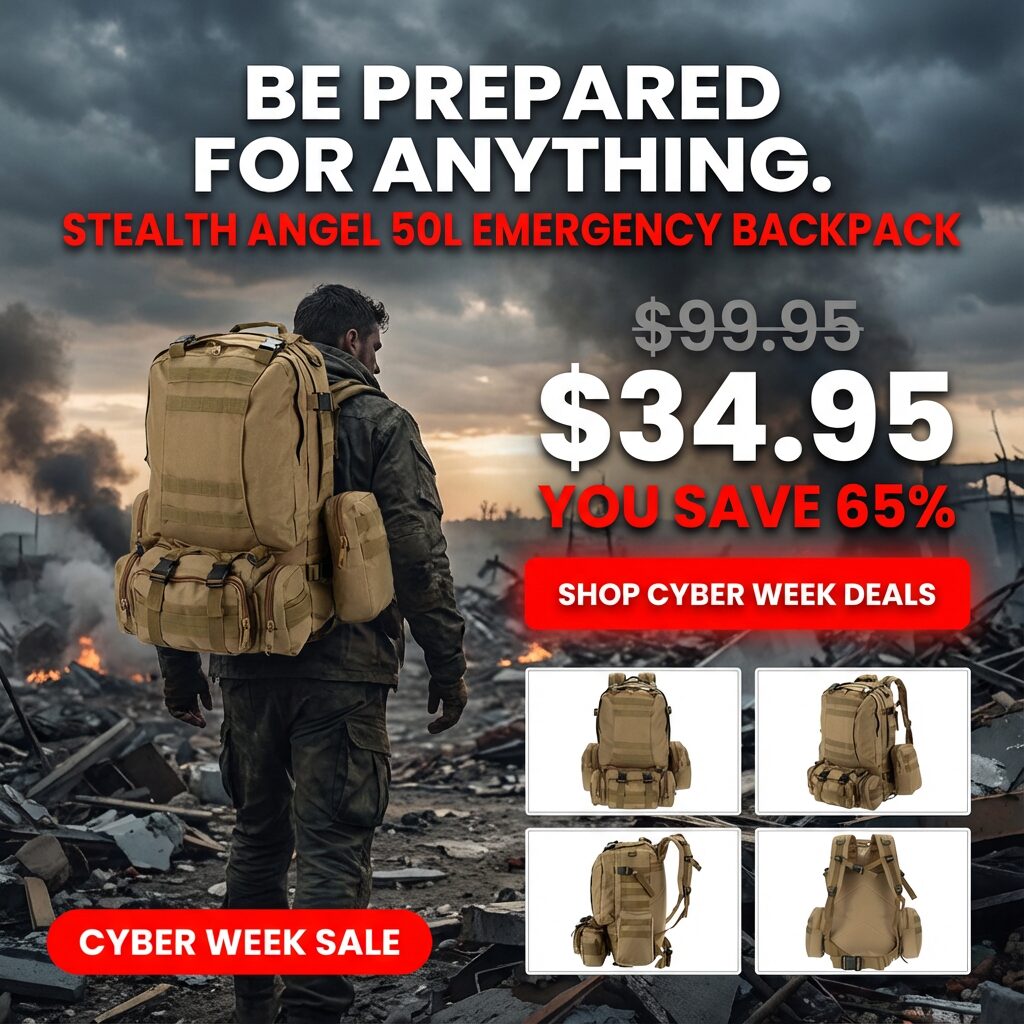 Man in a smoky disaster scene wearing a tan backpack, with $99.95 struck through, $34.95 and a you save 65% line