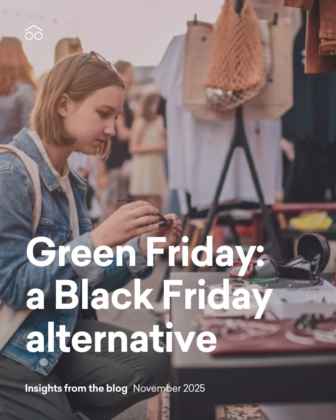 Woman browsing a secondhand clothing rail under a Green Friday, a Black Friday alternative headline