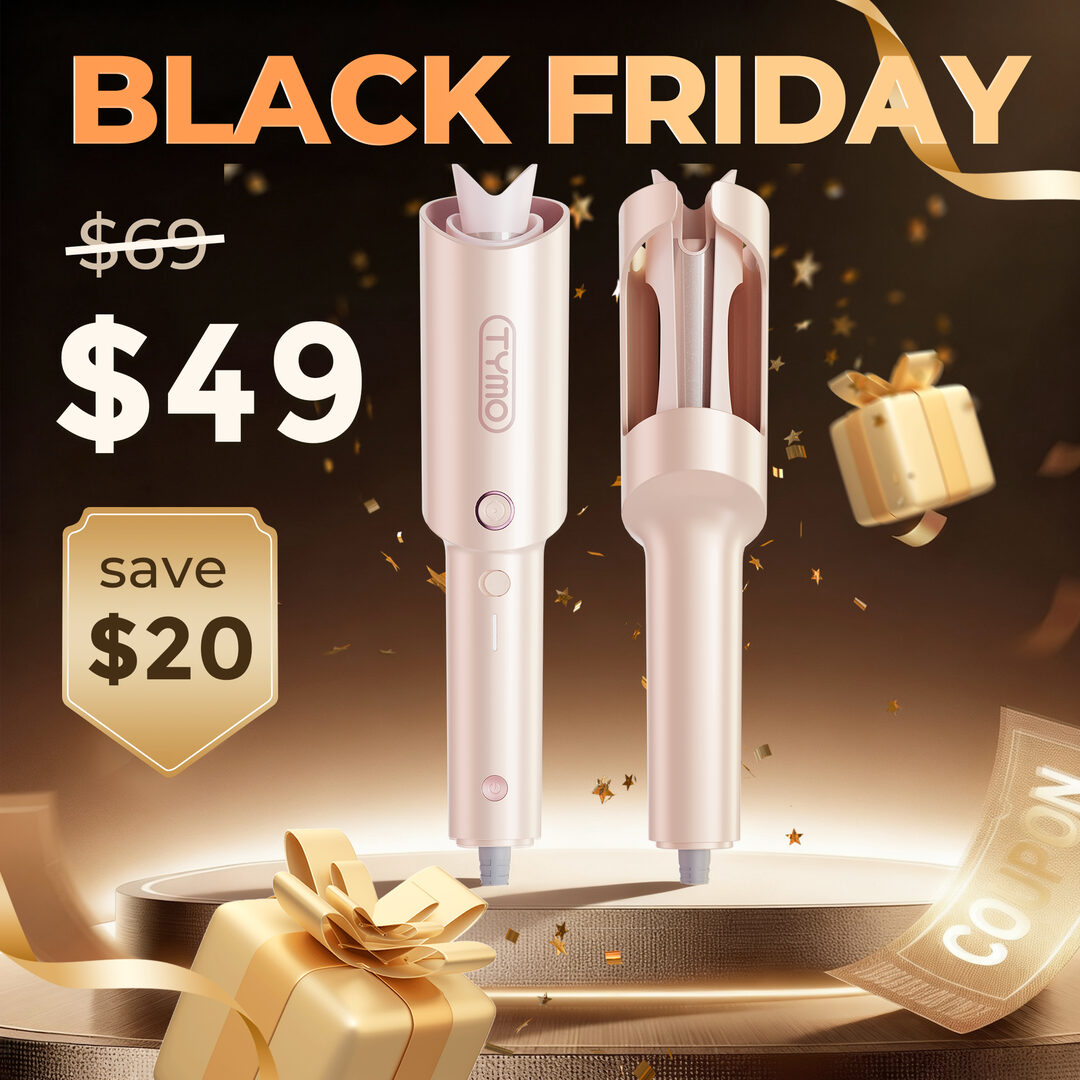 Two pink TYMO hair curlers with gift boxes, a struck-through $69, a large $49 and a save $20 badge