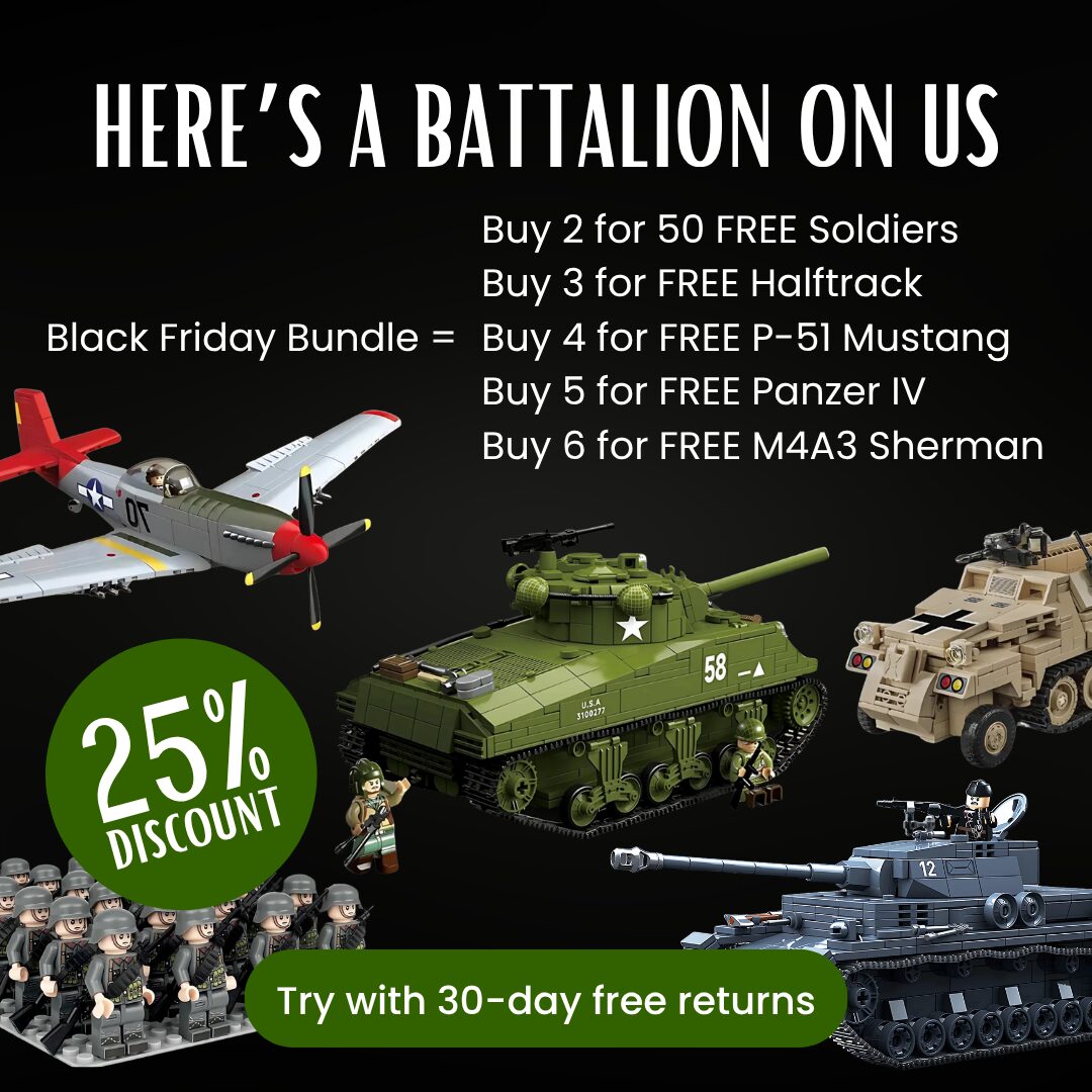 Brick-built planes and tanks under a list of bundle tiers, with a green 25% discount badge