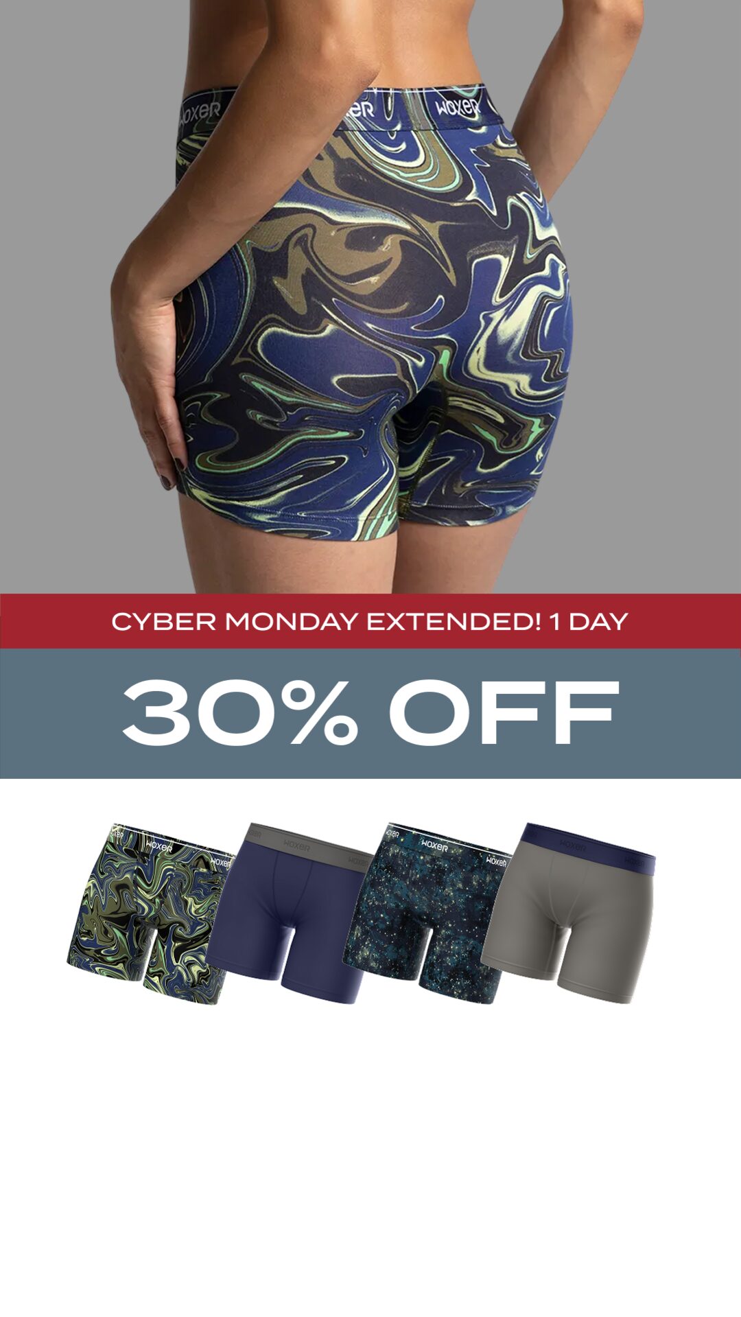 Model in patterned boxer briefs above a red Cyber Monday extended bar, a 30% off banner and four folded pairs