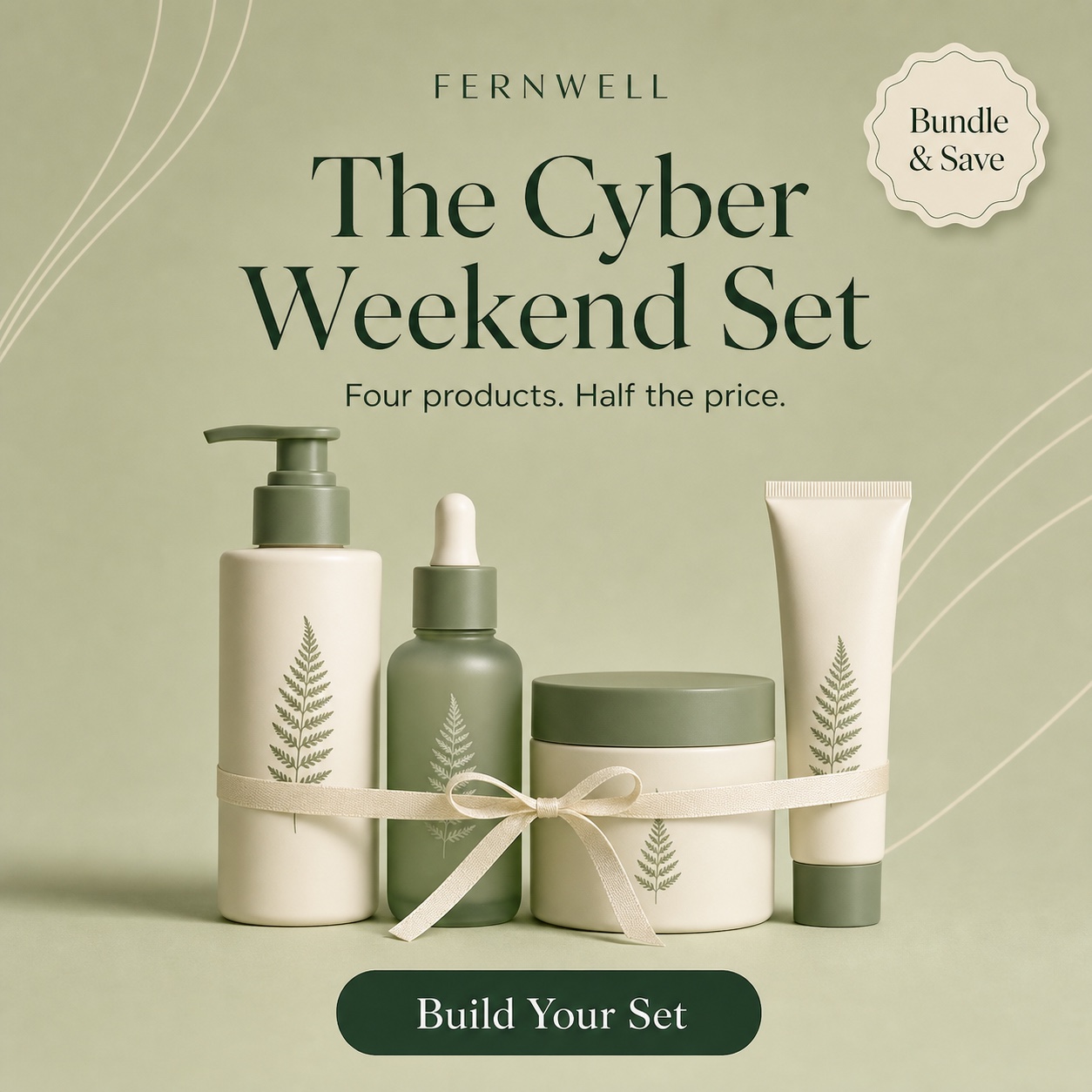 AI concept BFCM bundle ad for a fictional skincare brand: four sage green products tied with a ribbon, headline The Cyber Weekend Set