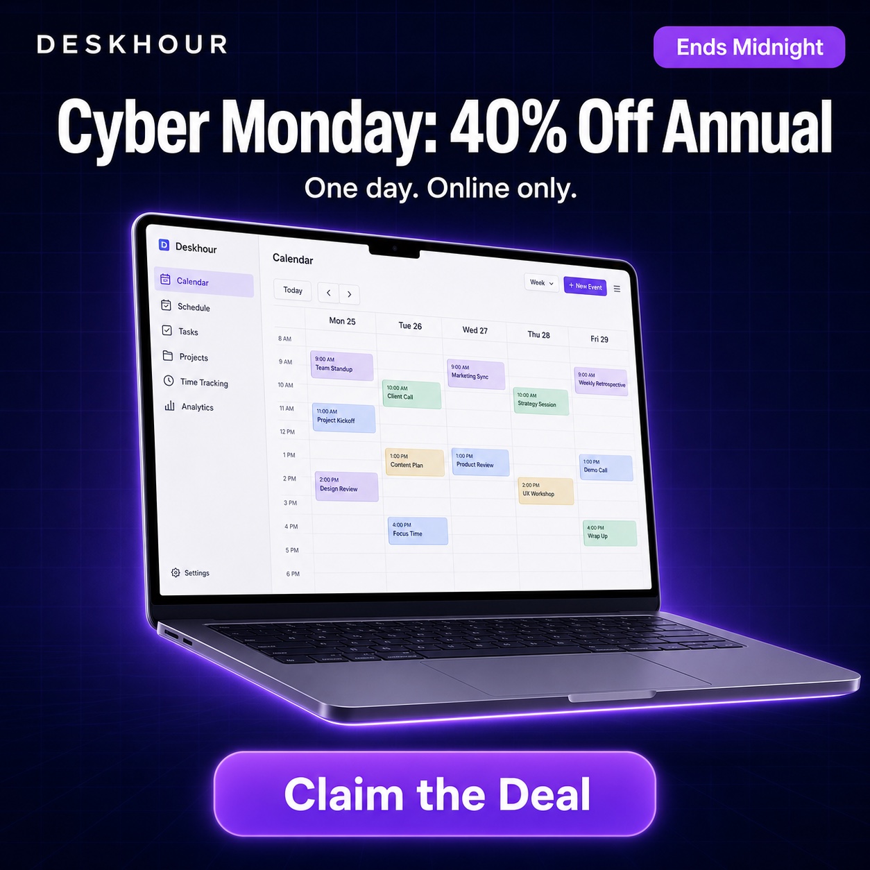 AI concept Cyber Monday ad for a fictional software brand: glowing laptop with a calendar app, headline Cyber Monday 40% Off Annual, Ends Midnight badge