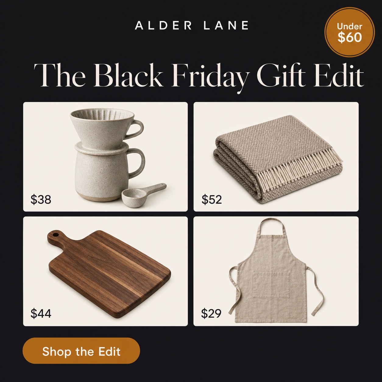 AI concept Black Friday gift guide ad for a fictional home goods brand: charcoal background, 2x2 grid of products with prices, Under $60 badge