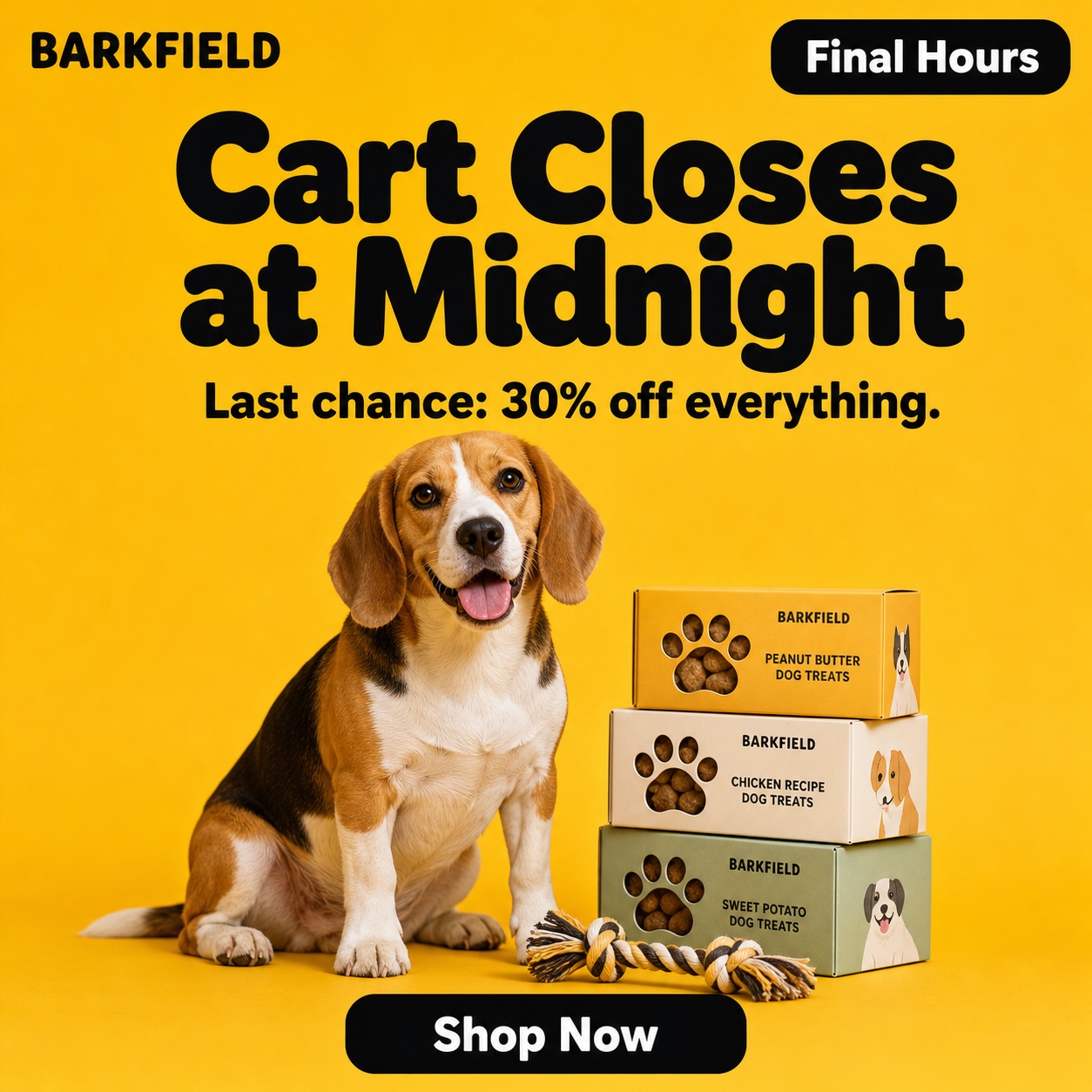 AI concept last chance ad for a fictional pet brand: beagle beside treat boxes on yellow, headline Cart Closes at Midnight, Final Hours badge