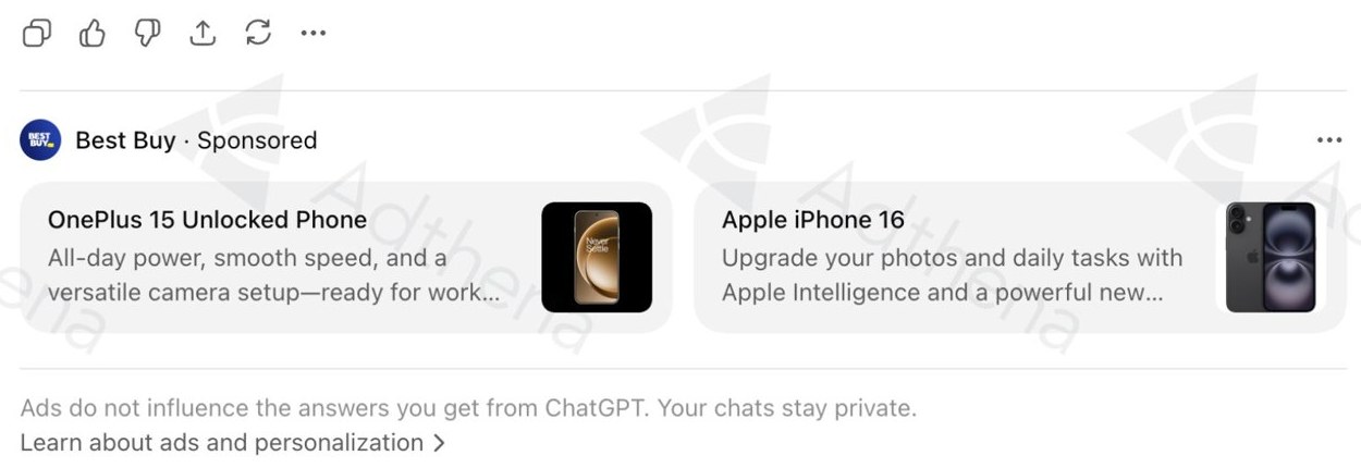Best Buy Sponsored ad unit in ChatGPT with two product cards, OnePlus 15 and Apple iPhone 16, both descriptions cut off with an ellipsis