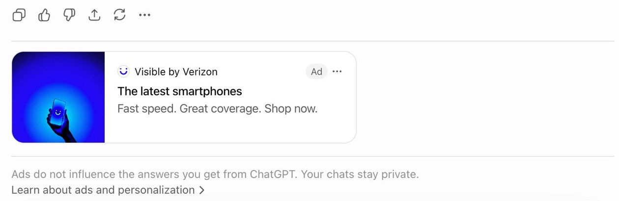 Visible by Verizon ad card under a ChatGPT answer, with a gray Ad chip, headline The latest smartphones and description Fast speed. Great coverage. Shop now.
