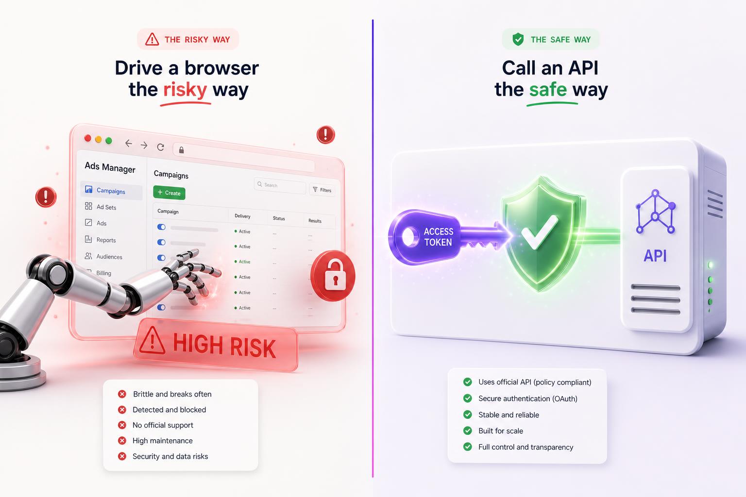 Two ways to connect Claude to Meta ads: driving a browser versus calling the official API