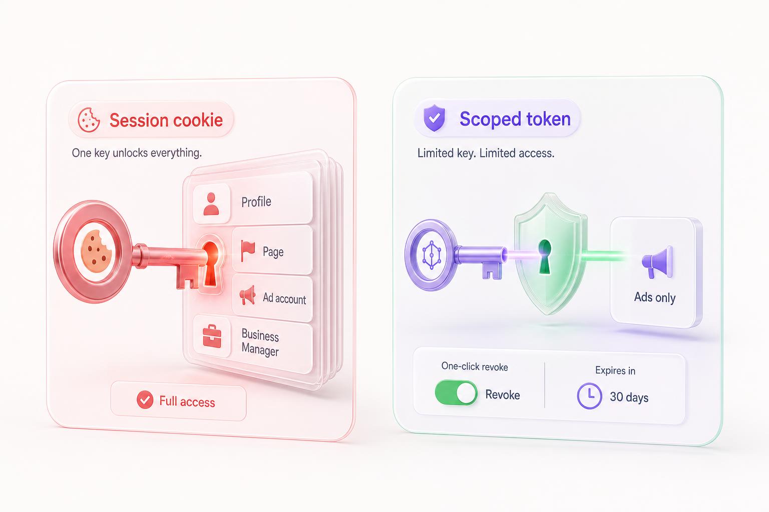 A session cookie gives full account access; a scoped token is limited to ads and can be revoked in one click