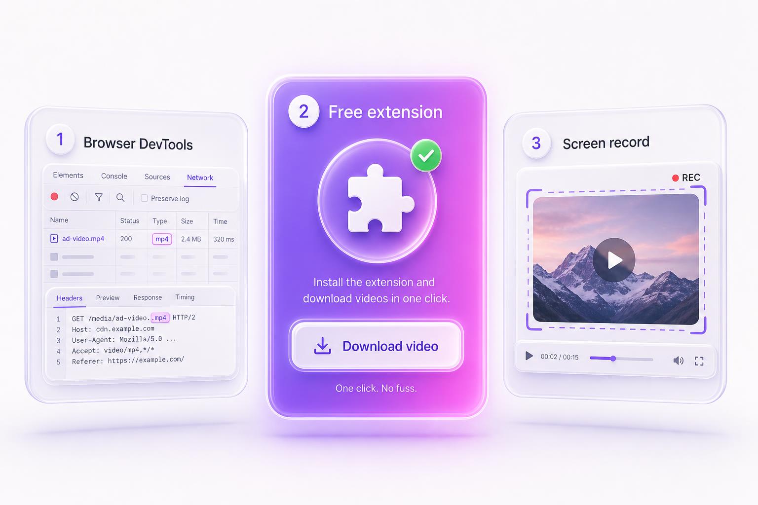 The three free ways to download a Meta Ad Library video: browser DevTools, a free Chrome extension, and screen recording