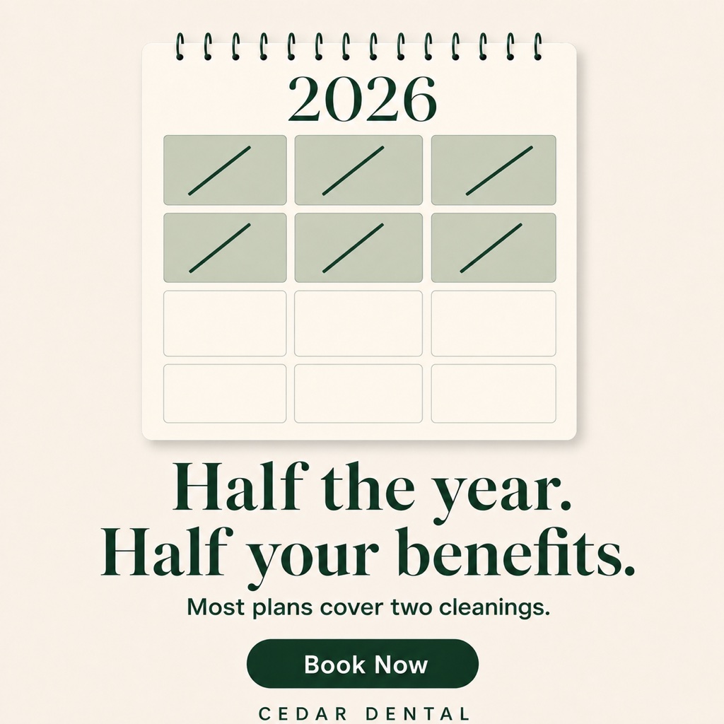 Example dental Facebook ad: editorial card with a 2026 calendar graphic and the headline Half the year. Half your benefits.