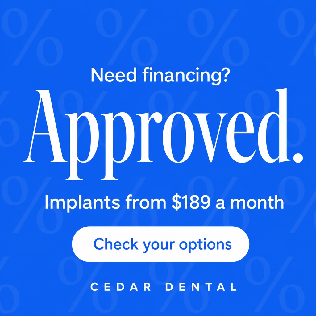 Example dental Facebook ad: bold flat blue card with the giant word Approved and a monthly payment line for implants