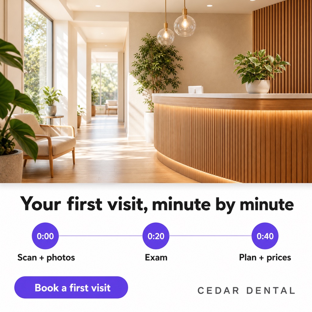 Example dental Facebook ad: bright reception photo with a lower panel showing a minute-by-minute first visit timeline