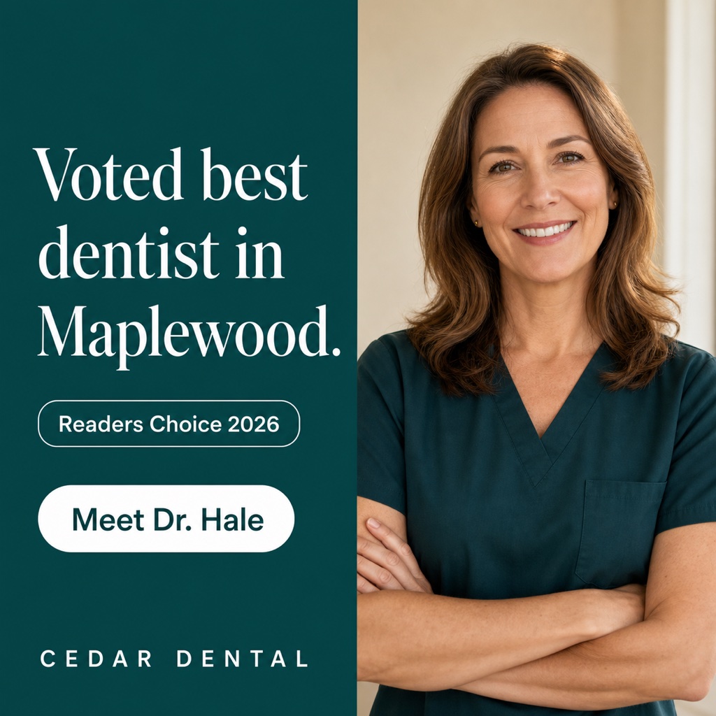 Example dental Facebook ad: portrait of a dentist beside a color block carrying one large award claim and a single button