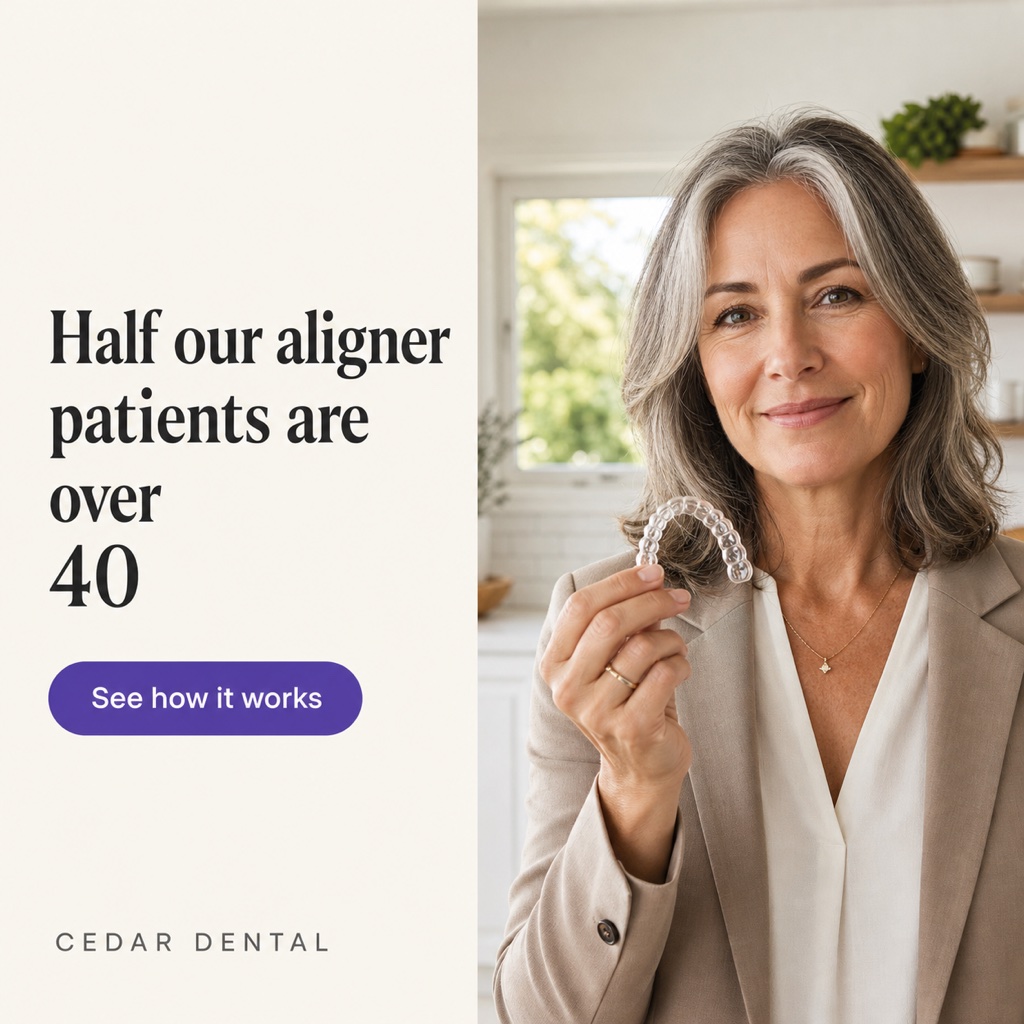 Example dental Facebook ad: woman in her fifties holding a clear aligner beside the headline Half our aligner patients are over 40