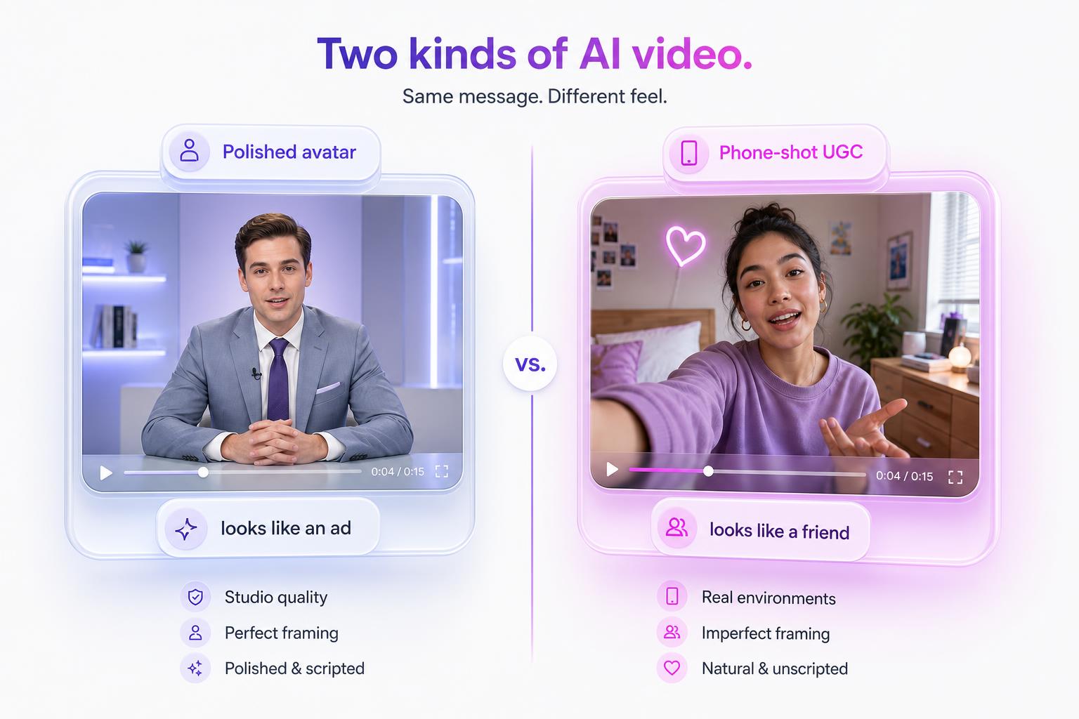 A polished studio avatar on the left versus a casual phone-shot UGC creator on the right, showing the aesthetic difference between HeyGen and Arcads output
