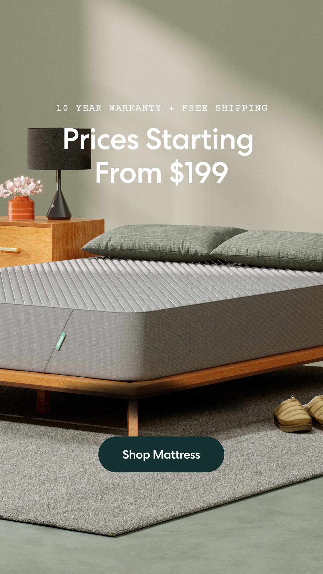 Siena Sleep 9:16 ad: Prices Starting From $199 near the top and a drawn Shop Mattress button low in the frame, inside the bottom 35%