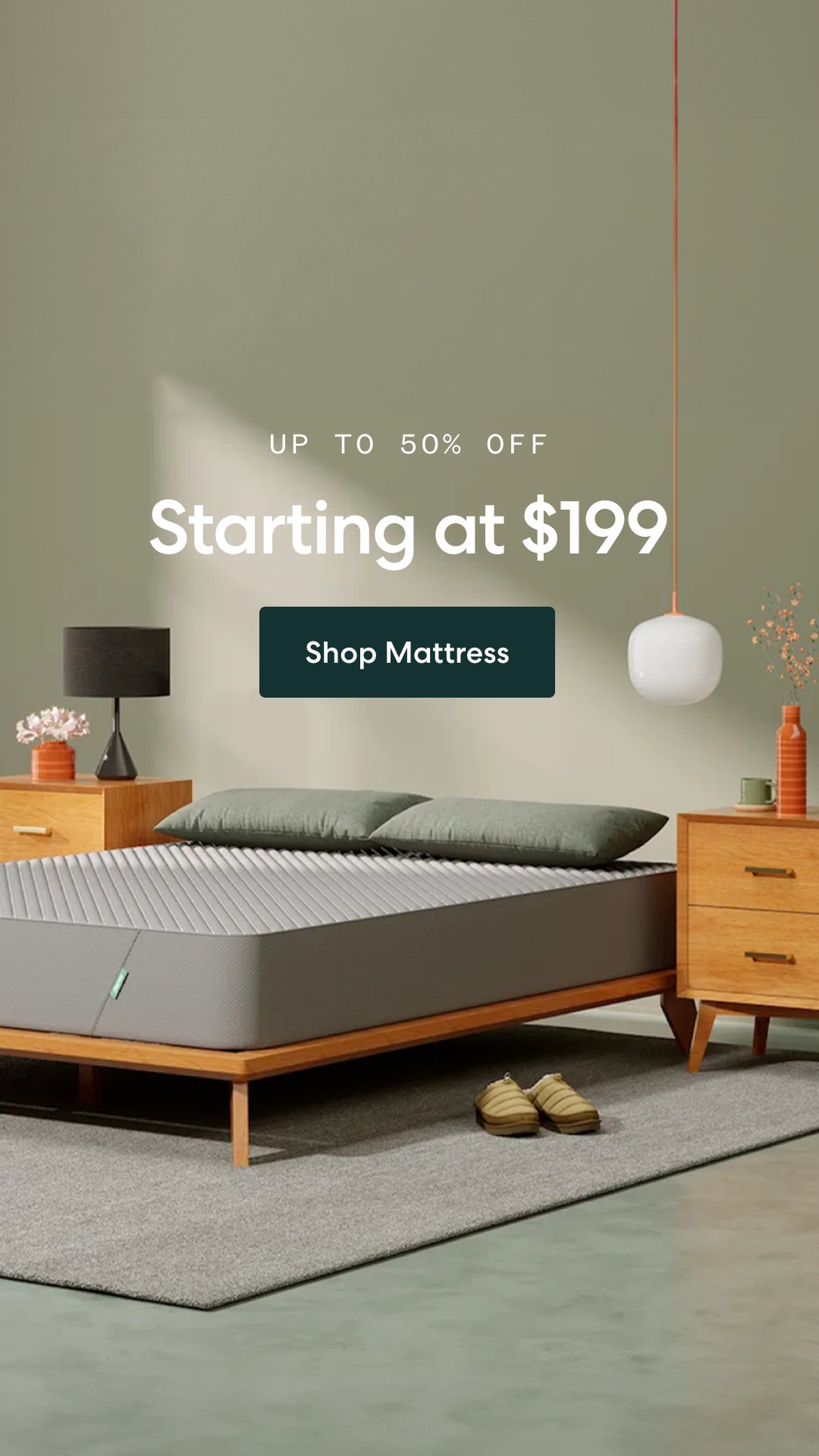 Siena Sleep 9:16 ad: UP TO 50% OFF, Starting at $199 and a Shop Mattress button in the middle of the frame, above a bed