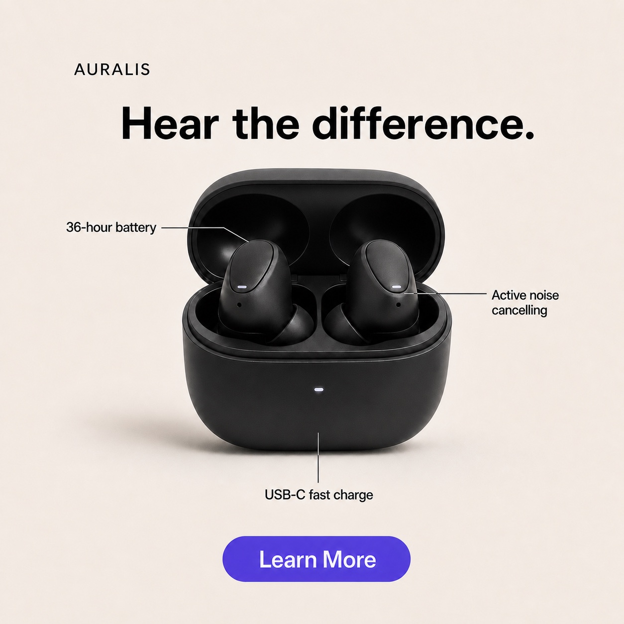 Feature-callout ad example: black wireless earbuds with three labeled leader lines reading 36-hour battery, Active noise cancelling, and USB-C fast charge, plus a Hear the difference headline and Learn More button