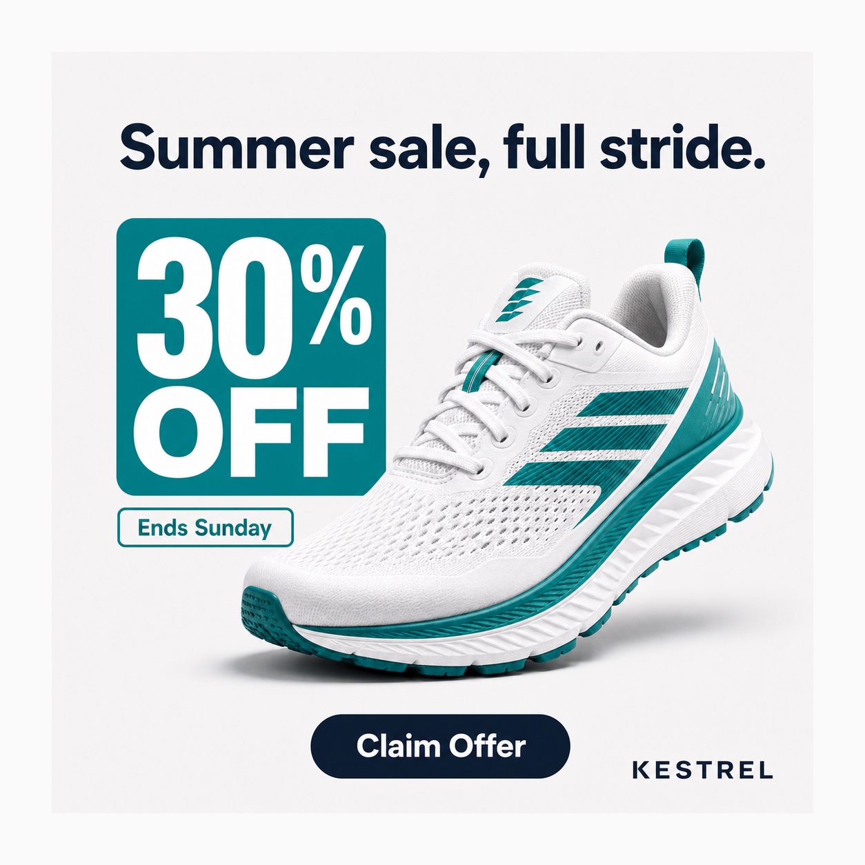 Sale ad example: a white and teal running sneaker with a large 30% OFF badge, an Ends Sunday tag, the headline Summer sale full stride, and a Claim Offer button