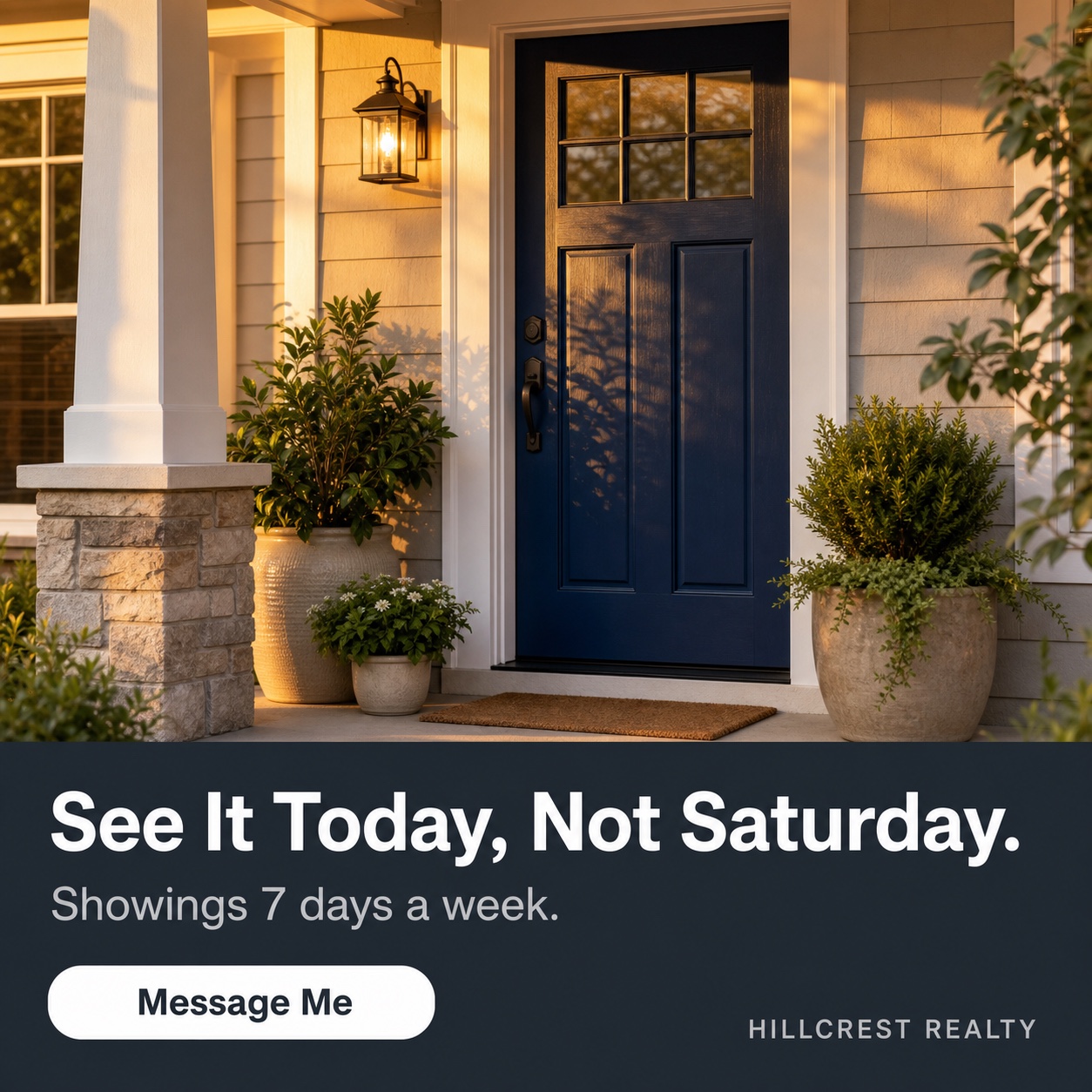 Example same-day showing buyer ad template: inviting front porch at golden hour with a See It Today Not Saturday headline, showings seven days a week subline, and Message Me button